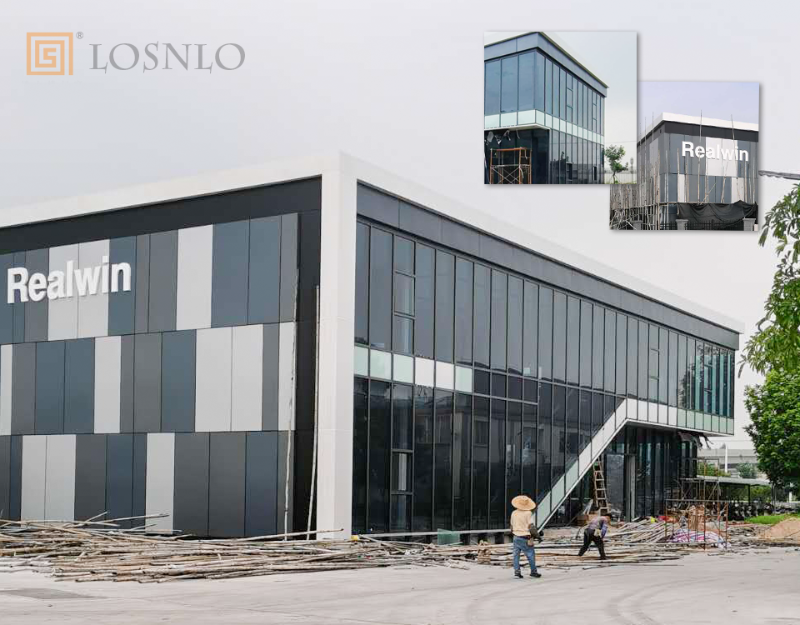 樓上樓高端門窗-江門某不銹鋼公司玻璃、鋁板幕墻工程案例